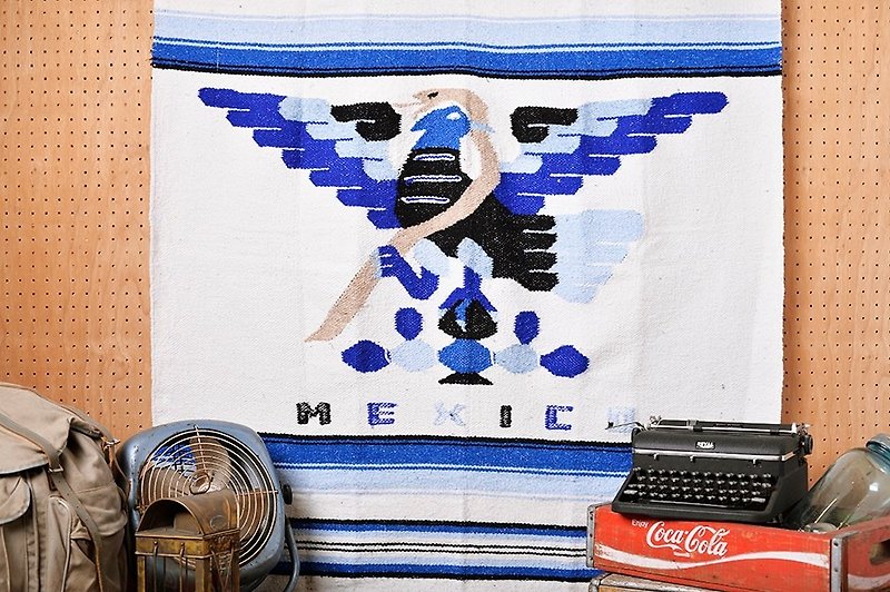 ヴィンテージメキシコ手織りカーペット-ブルーホワイトグラデーショントーテム - 毛布・かけ布団 - コットン・麻 ブルー