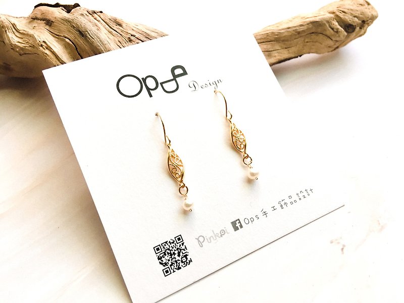 Ops pearl earrings- 銅包金/手工/鏤空/珍珠/古典/氣質/禮物耳環 - 耳環/耳夾 - 寶石 金色