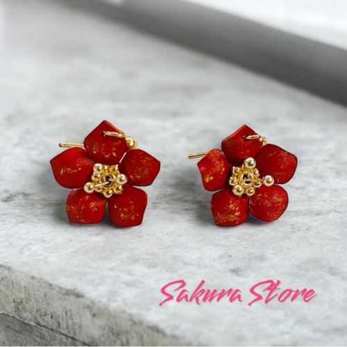 Sakura Store 皮革花耳環 紅色桃花金箔耳環