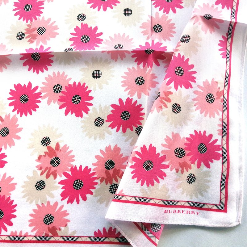Vintage Burberry Pink Daisy Handkerchief with Check Pollen 20.5 x 19.5 inches - 絲巾 - 棉．麻 粉紅色
