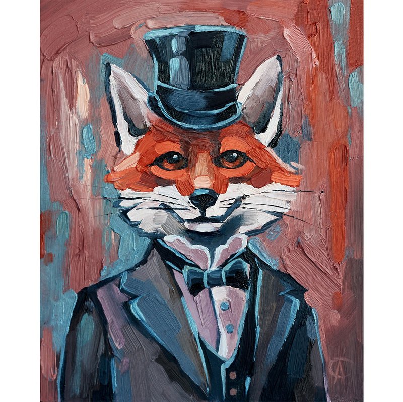 Fox Painting Nursery Original Art Portrait of an Animal in Clothes Artwork - Posters - Other Materials Multicolor