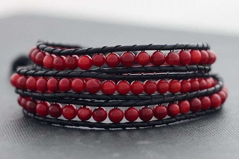 皮革手鐲串珠珊瑚手鐲波西米亞風編織石時髦 - 手鍊/手鐲 - 真皮 紅色
