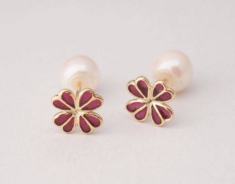 K18YG transparent cloisonne earrings pearl catch red purple - Earrings & Clip-ons - Other Metals Red