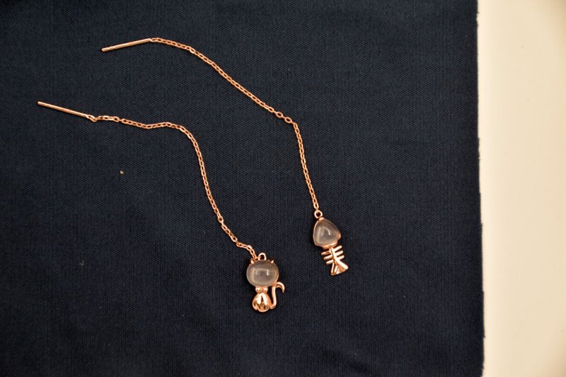 (貓與魚) (兔子與蘿蔔) 天然粉晶-好人緣 純銀 鍍玫瑰金 耳鍊 - 耳環/耳夾/耳骨夾 - 玫瑰金 