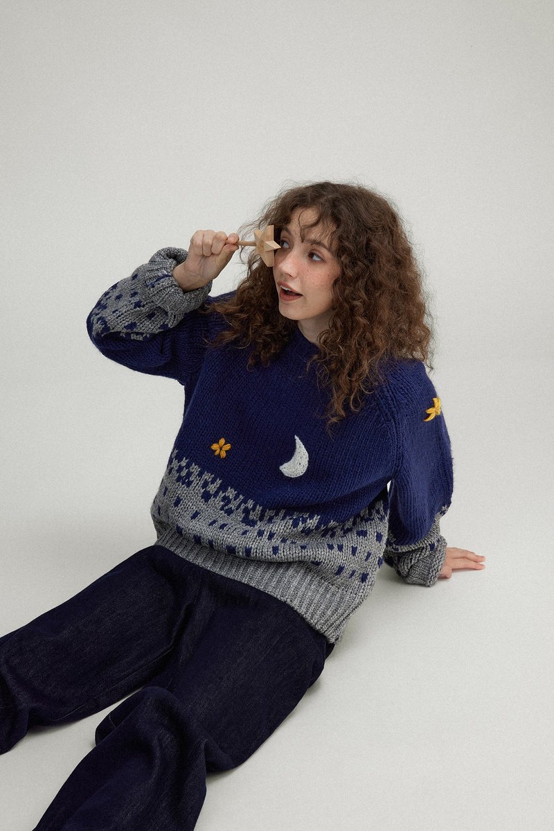 Moonlight Story Hand-embroidered Sheep Wool Yarn Sweater - Women's Sweaters - Other Materials Blue