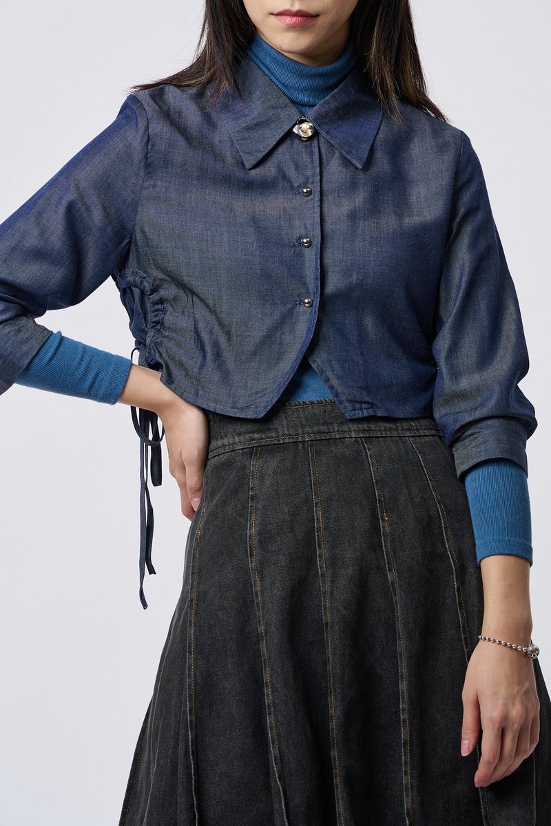 中䄂裇衫 Bracelet Sleeve Shirt - 女襯衫 - 其他材質 藍色