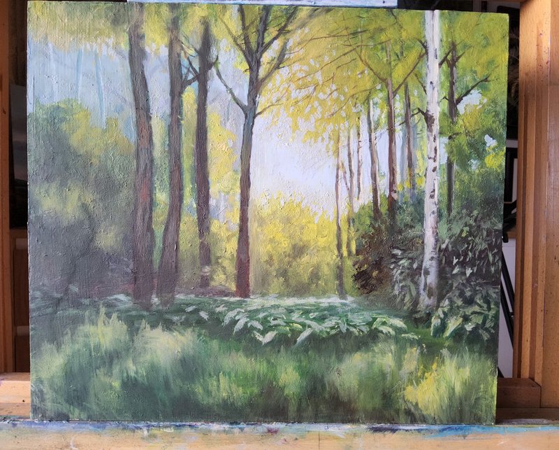 Birch in Forest Painting Landscape Original Art Green Forest Lght Artwork - 插畫/繪畫/寫字 - 其他材質 