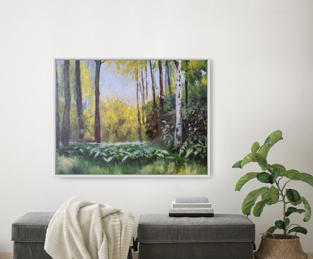 森の中の白樺の絵画風景オリジナルアート緑の森の光のアート