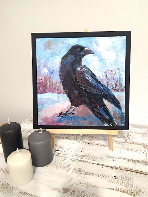 DCS-Art Raven on snow original oil painting on canvas panel framed in black wooden frame