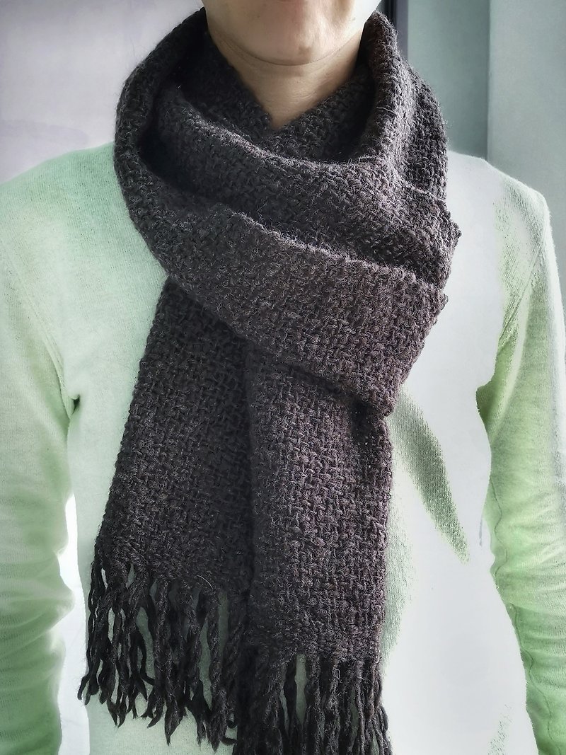 Handwoven by Beatrice | Handwoven organic wool alpaca scarf - Knit Scarves & Wraps - Wool Brown