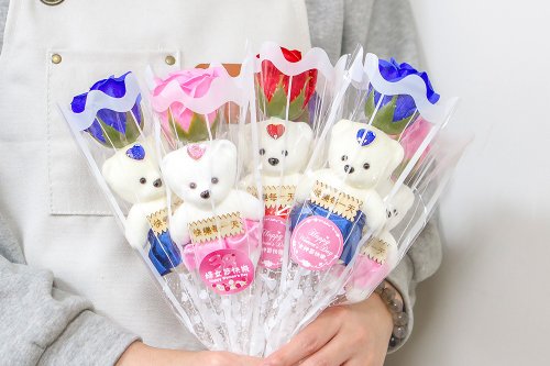幸福朵朵 婚禮小物 花束禮物 三八婦女節禮物 活動贈品 單支小熊款香皂玫瑰花 (4色可挑) 花束
