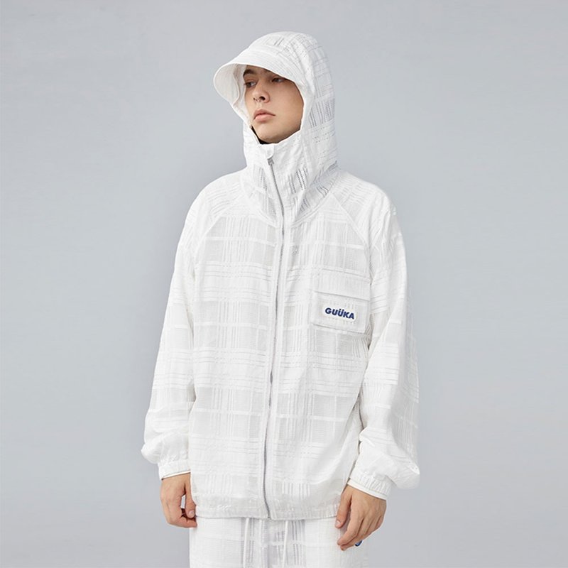 白色格子連帽防曬衣外套 情侶透氣加高面罩防曬服套裝 - 男夾克/外套 - 其他材質 
