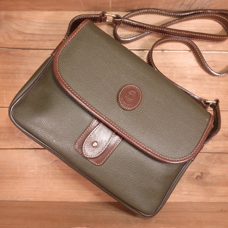[Old bones] retro green x coffee side backpack VINTAGE - Messenger Bags & Sling Bags - Genuine Leather Green
