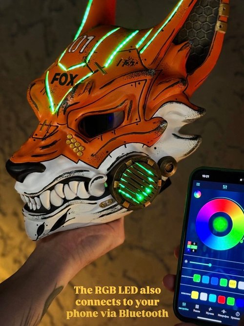 サイバーパンク狐面 スマートライト付き 未来的な狐マスク 終末風の狼