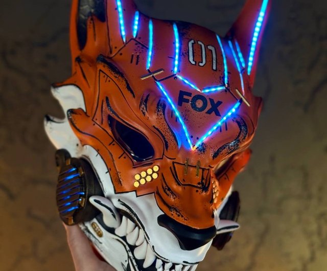 サイバーパンク狐面 スマートライト付き 未来的な狐マスク 終末