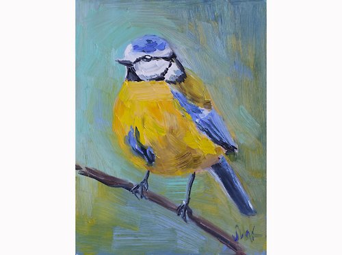 Nataly Mak Blue Tit Oil Painting Bird Original Small Wall Art Chickadee Painting Impasto