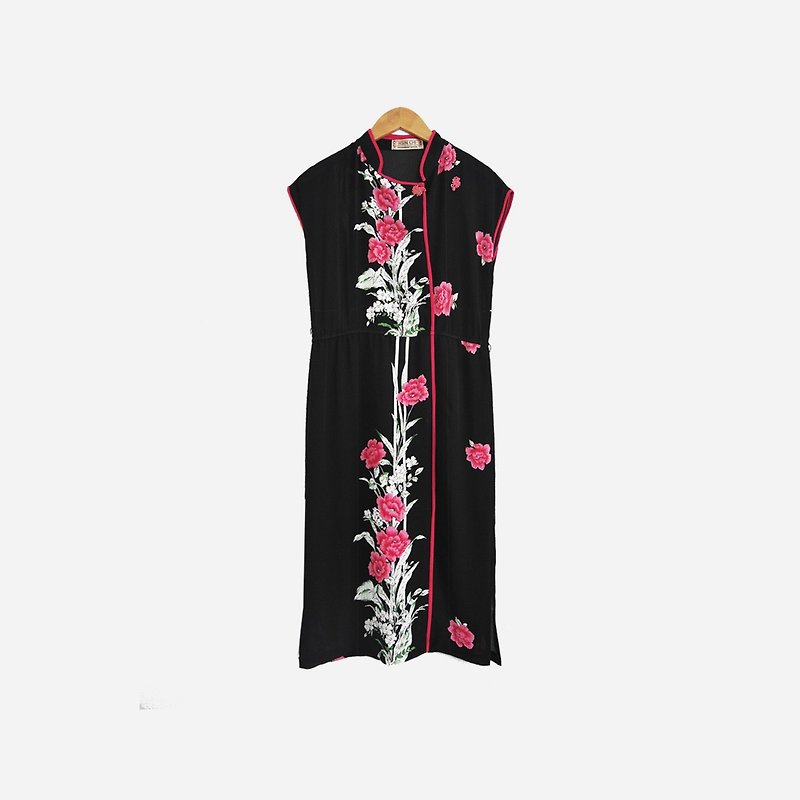 Dislocation vintage / black flower sleeveless cheongsam dress no.597A1 vintage - One Piece Dresses - Other Materials Black
