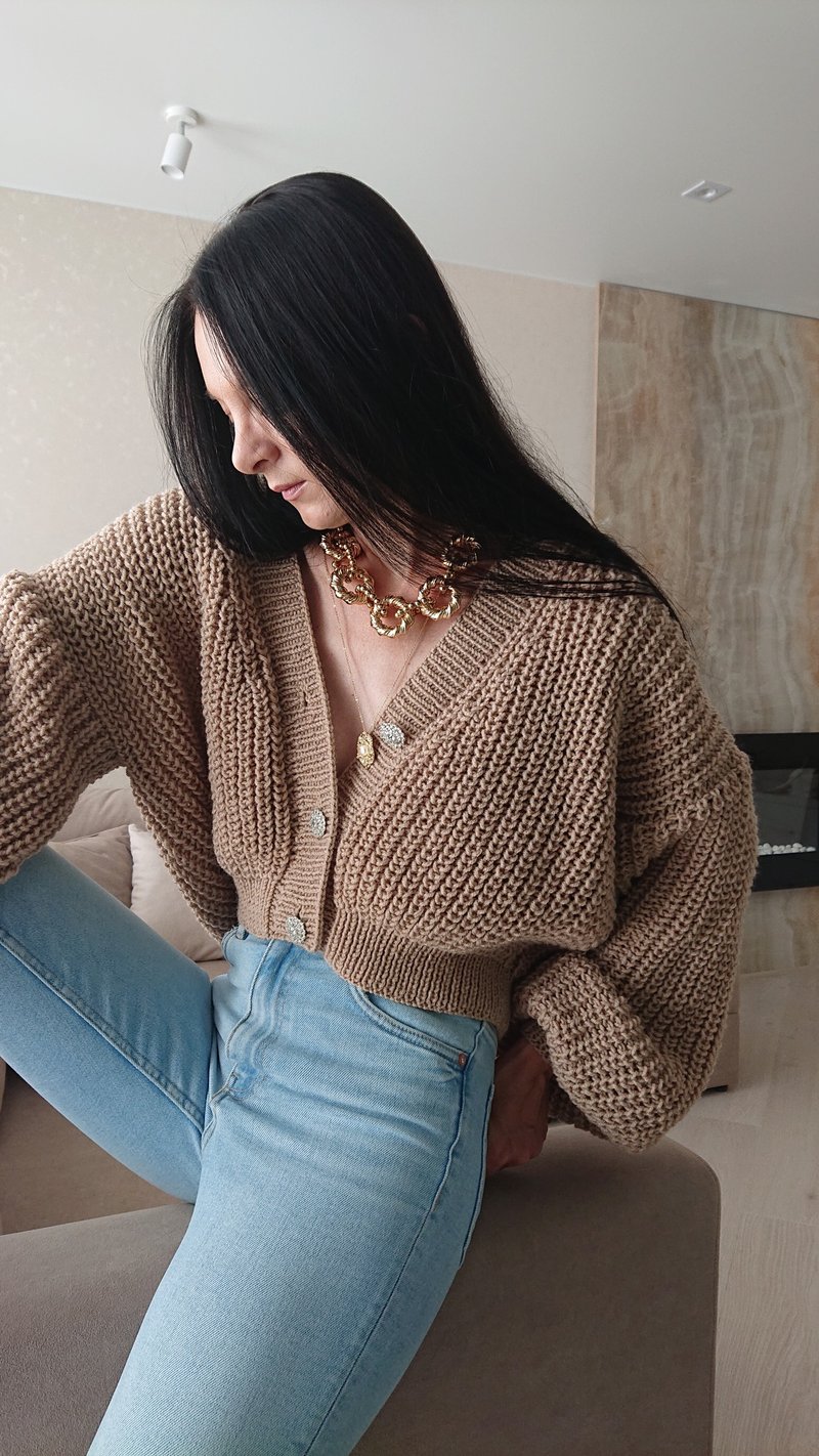Rib knitted jacket in beige Lantern puff sleeve sweater Cardigan with buttons - 女毛衣/針織衫 - 羊毛 