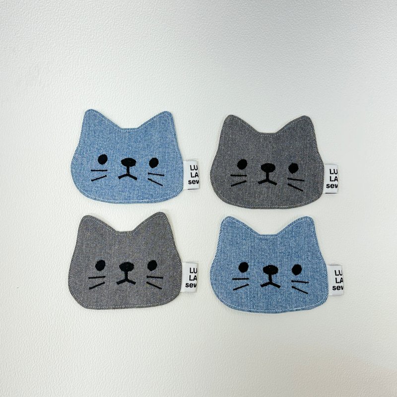 Jeans Upcycling Cat Face Coaster - ที่รองแก้ว - ผ้าฝ้าย/ผ้าลินิน สีเทา