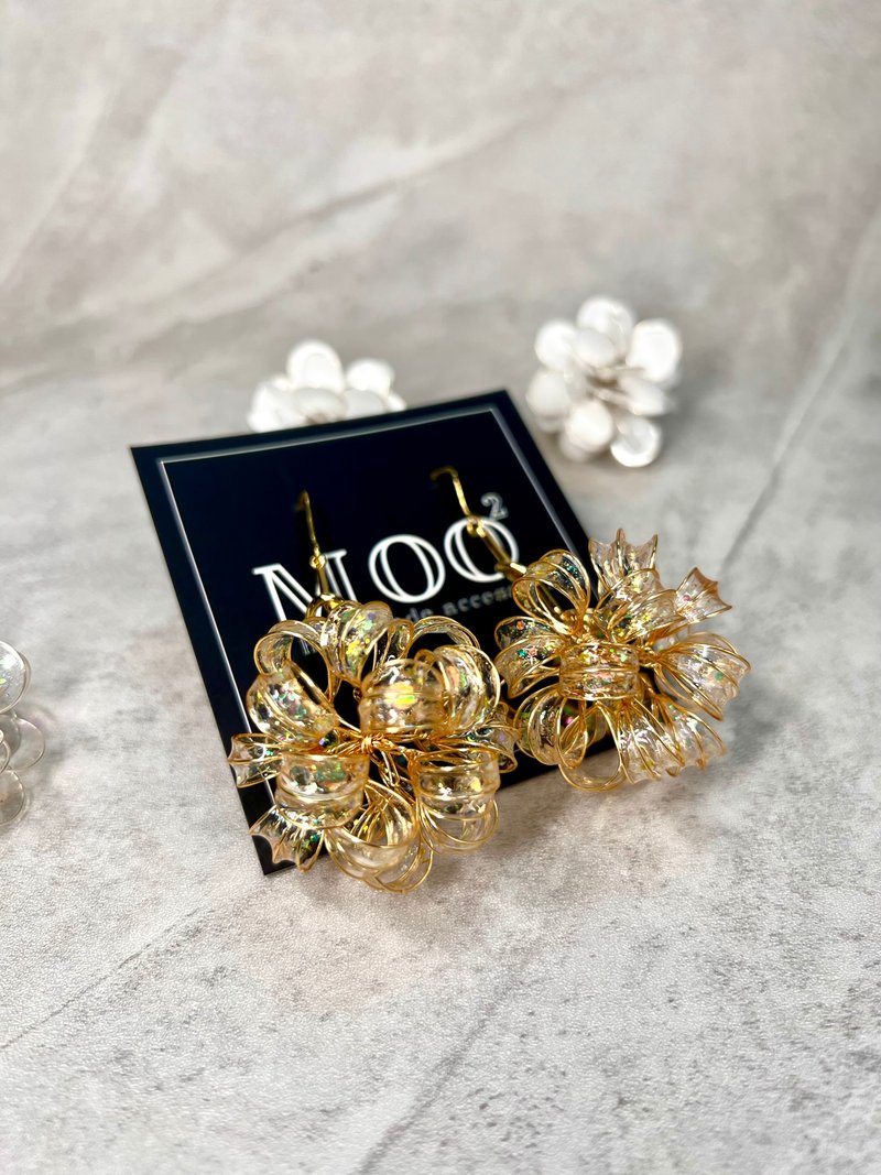 =金辰花火.流金.三線= 透明閃亮亮垂墜手作耳環 - 耳環/耳夾/耳骨夾 - 其他材質 金色