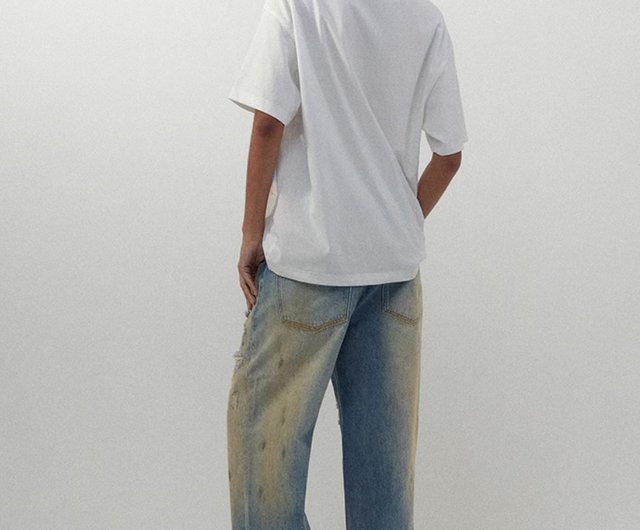 【グランジ】MICHINNYON Vintage加工ダメージウォッシュドデニム クラッシュ加工ワイドカーブデニムパンツ ダメージ加工 | フック(HOOK