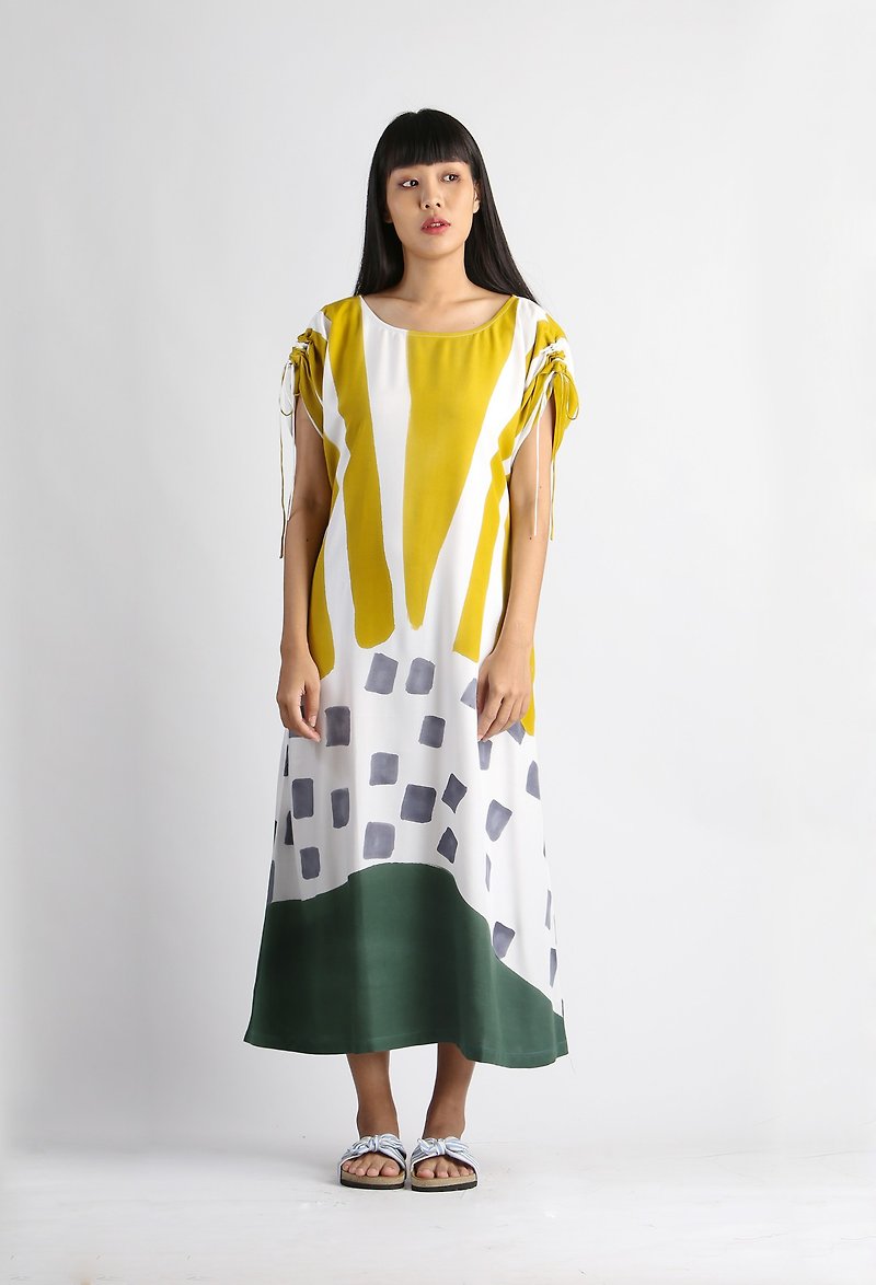 Drawstring Shoulder Long Dress  for Summer resort vacation - ชุดเดรส - ผ้าฝ้าย/ผ้าลินิน สีเหลือง