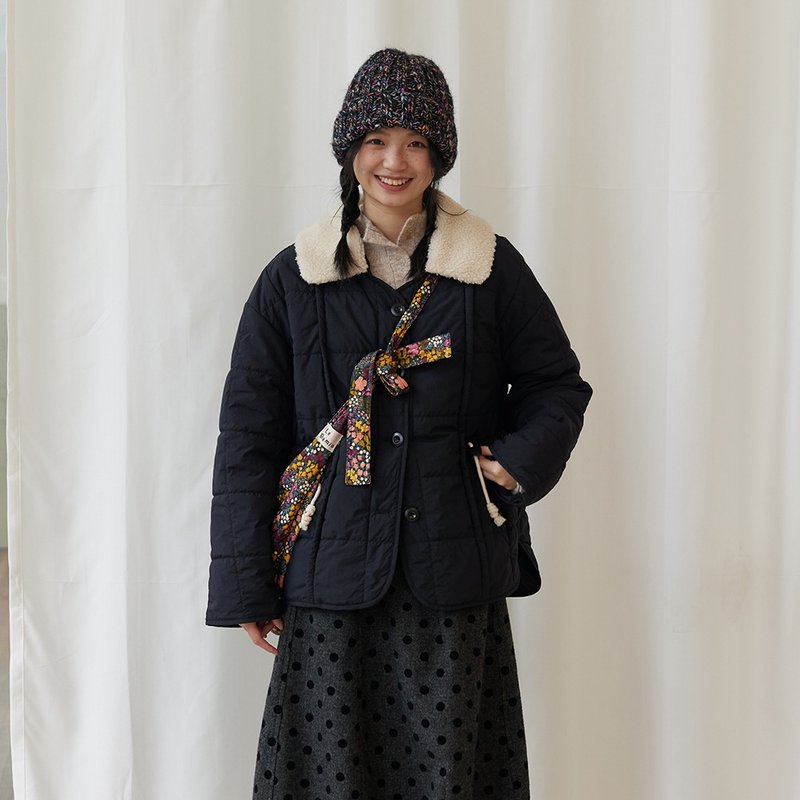 短款翻領方格棉服|外套|冬款|Sora-1698 - 女大衣/外套 - 尼龍 黑色