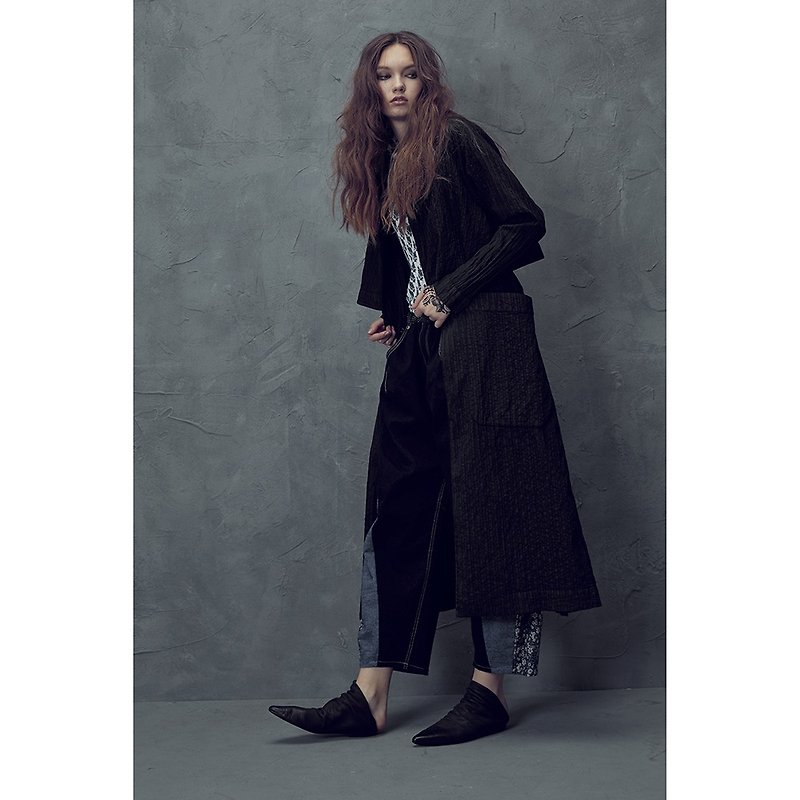 1802D0815 suit collar texture long coat - Women's Casual & Functional Jackets - Cotton & Hemp Black