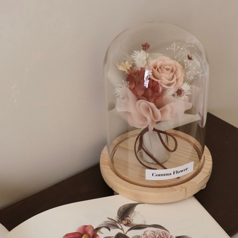 Nude pink immortalized bouquet, glass cup with box, customized text, birthday gift, opening ceremony - ช่อดอกไม้แห้ง - พืช/ดอกไม้ หลากหลายสี