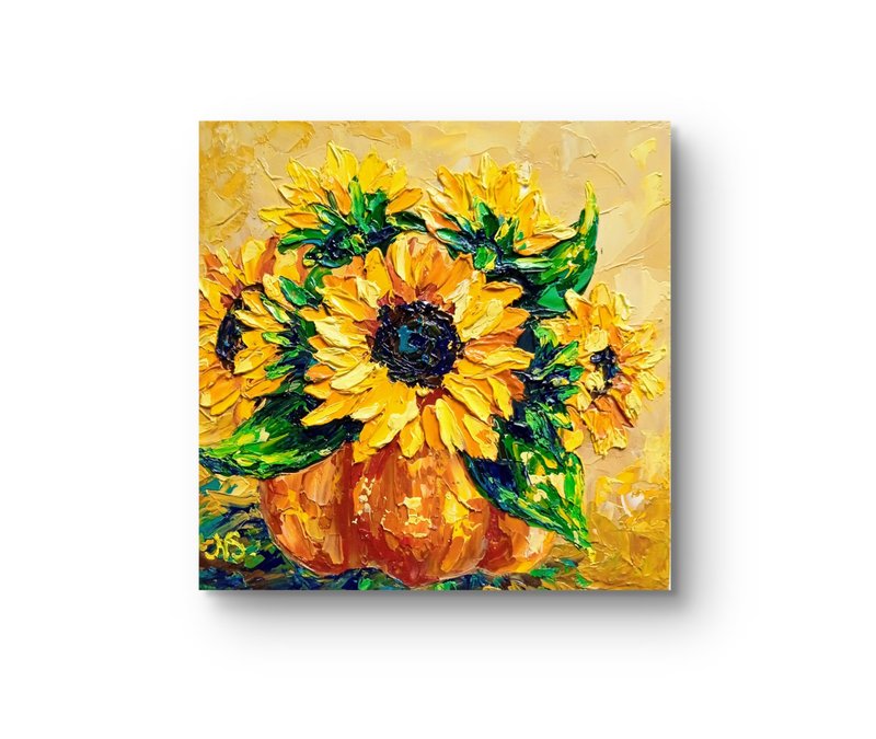 Sunflowers Oil Painting Original Autumn Flower in Pumpkin Contemporary Art - ตกแต่งผนัง - โลหะ หลากหลายสี