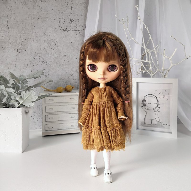 Mustard-colored dress Blythe doll, Clothes Blythe doll, Outfit doll - 公仔/玩偶 - 棉．麻 