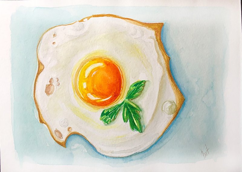 Fried Egg Painting Breakfast Original Art Food Artwork Still Life Wall Art - 海報/掛畫/掛布 - 紙 黃色