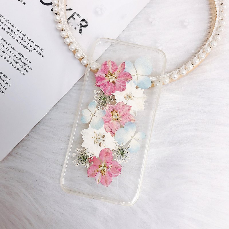 Pressed Flower Real Flower Phone Case | Sakura Hydrangea Delphinium Original Design - เคส/ซองมือถือ - พืช/ดอกไม้ สึชมพู