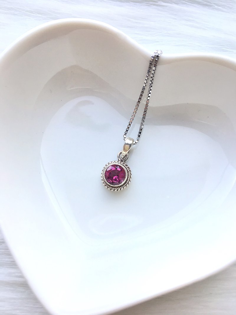 Pink topaz 925 sterling silver round simple striped necklace - Necklaces - Gemstone Silver
