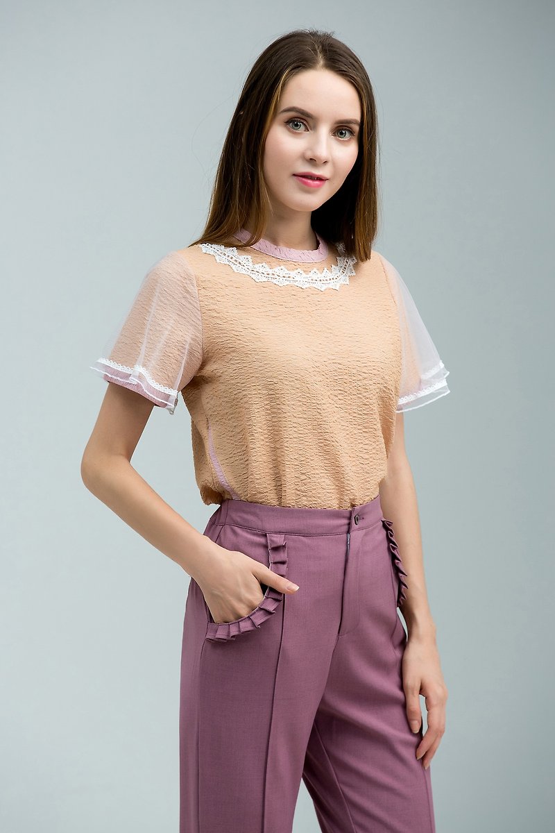 NEGA C. Retro round neck lace translucent mesh round trousers sleeve top - เสื้อผู้หญิง - เส้นใยสังเคราะห์ สีส้ม