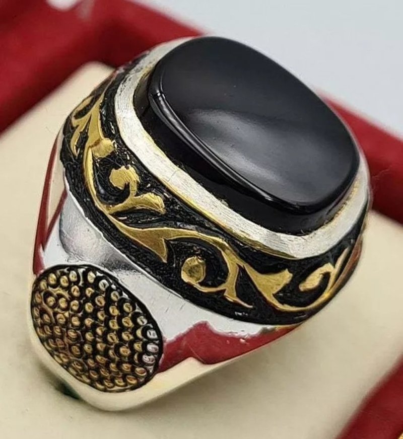 Yemeni Aqeeq Ring Yamni Akik Aqiq Yamani Hakik Black Blood Red Agate Mens Bague - 戒指 - 寶石 黑色