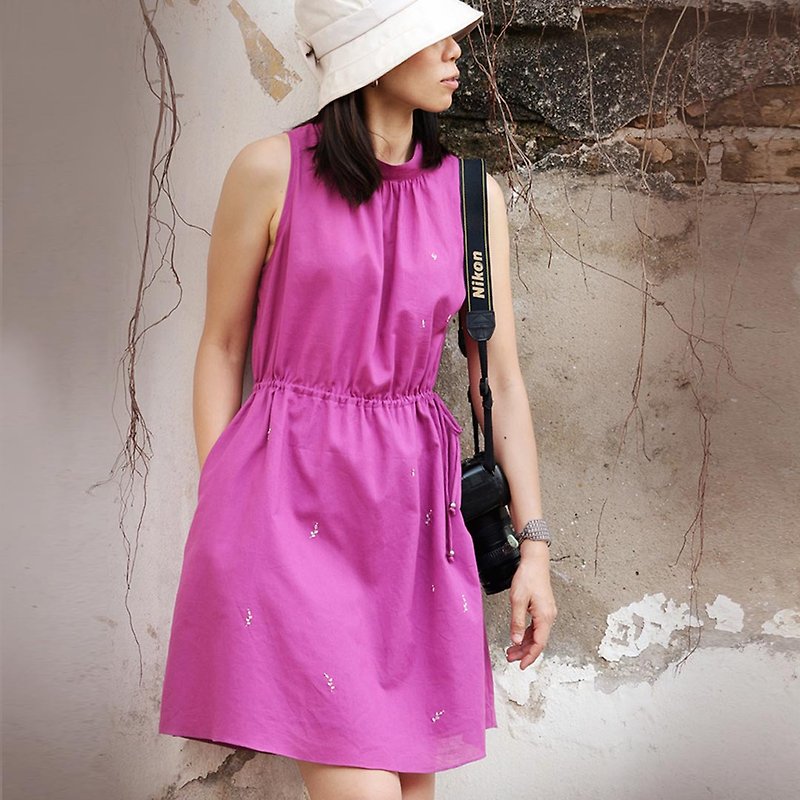 Cotton Hand Embroidered Midi Dress / Red Violet - One Piece Dresses - Cotton & Hemp Purple