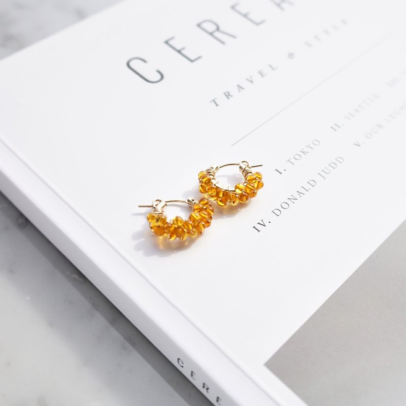 14kgf*Baltic Amber pavé earring / pierced earring - Earrings & Clip-ons - Gemstone Orange