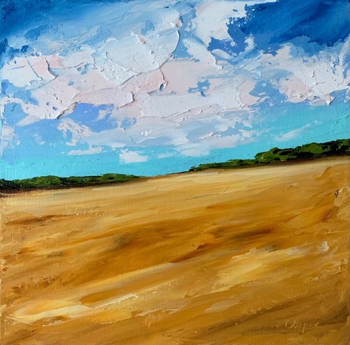 OsipovArtStudio Original Yellow Landscape Oil Painting On Canvas Blue Sky Painting Impasto Art