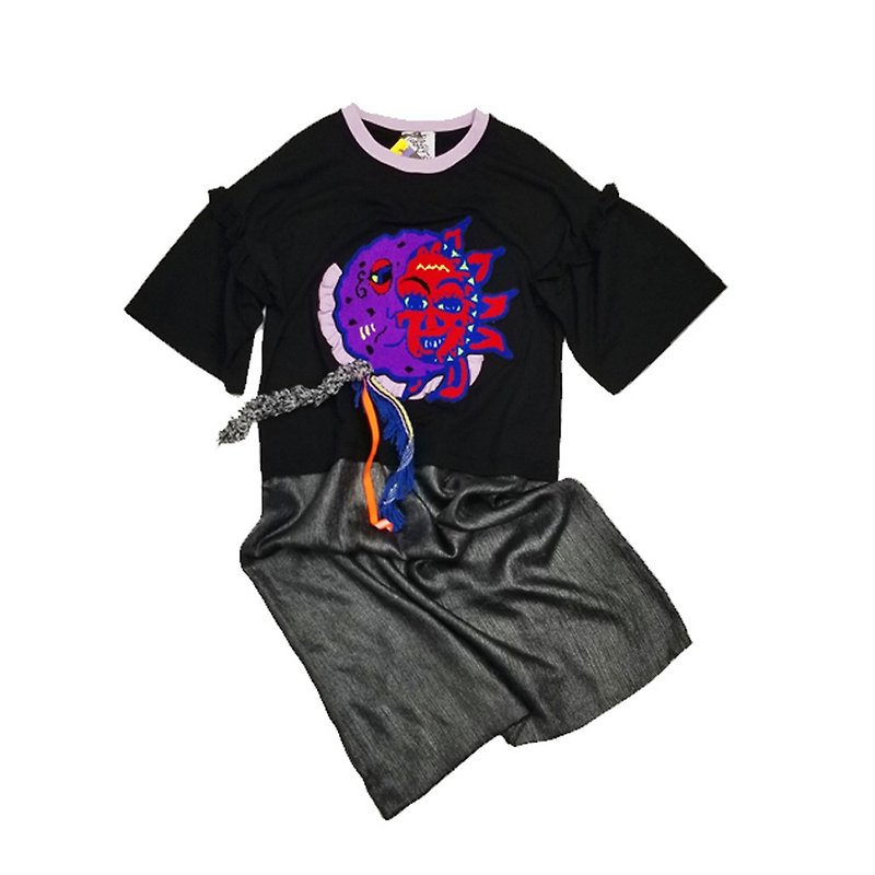 Day and Night Embroidery Chiffon Hem Dress - ชุดเดรส - ผ้าฝ้าย/ผ้าลินิน สีดำ