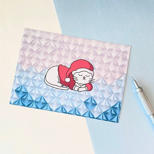 paper diamond® 睡覺中的聖誕貓貓 | 藍色聖誕明信片SANTA CAT
