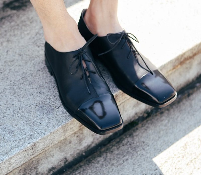 Minimalist square head strap leather shoes Oxford black mirror stitching men - Men's Oxford Shoes - Genuine Leather Black