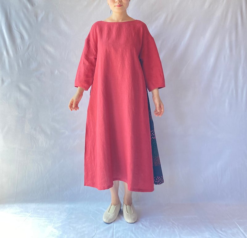 linen combination dress　antiquered/nightrain - 洋裝/連身裙 - 棉．麻 紅色