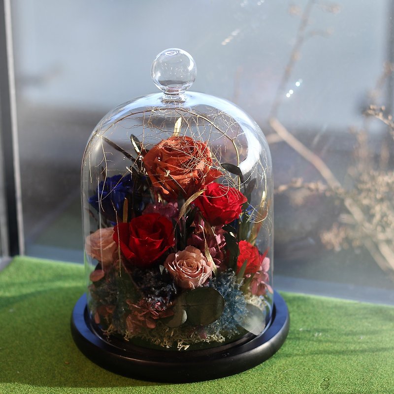 永生花玻璃罩盅/給貴氣的妳玻璃罩/客製不凋花花禮/乾燥花/玫瑰花 - 乾花/永生花 - 植物．花 金色