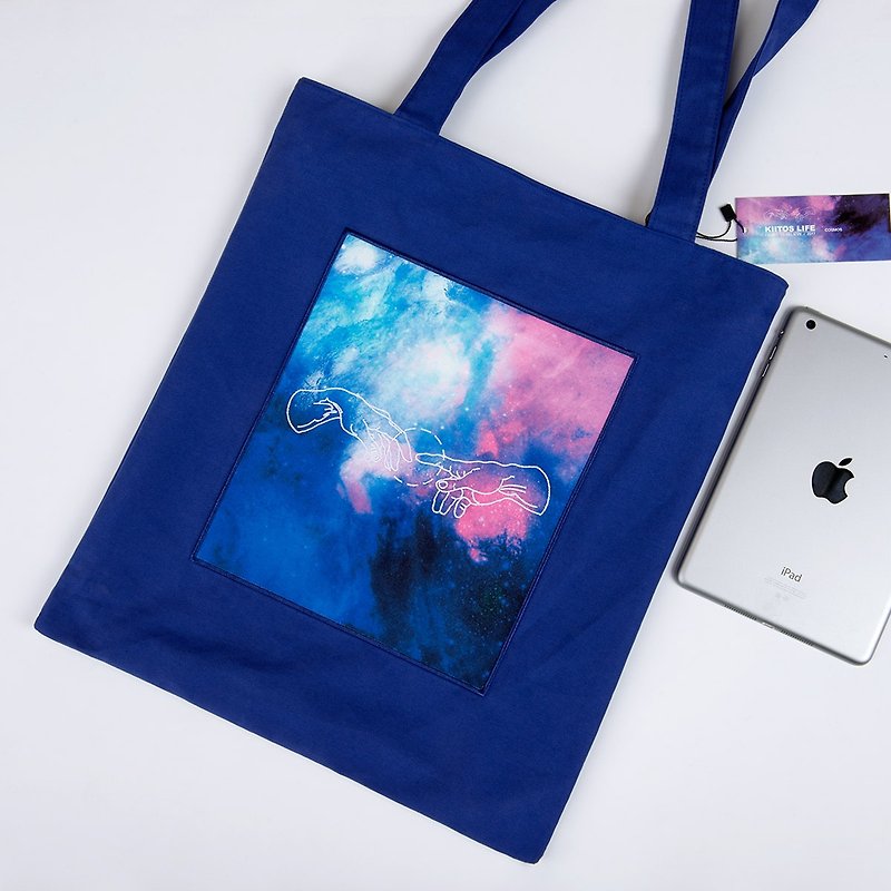 KIITOS I WANT TO universe theme cotton original embroidery printed shoulder bag - hand of Genesis God - Messenger Bags & Sling Bags - Cotton & Hemp Blue