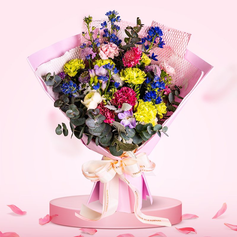 Flower Bouquet (9 Carnations, Little Delphinium, Big Eucalyptu & Fragrant Snow B - Plants - Plants & Flowers 