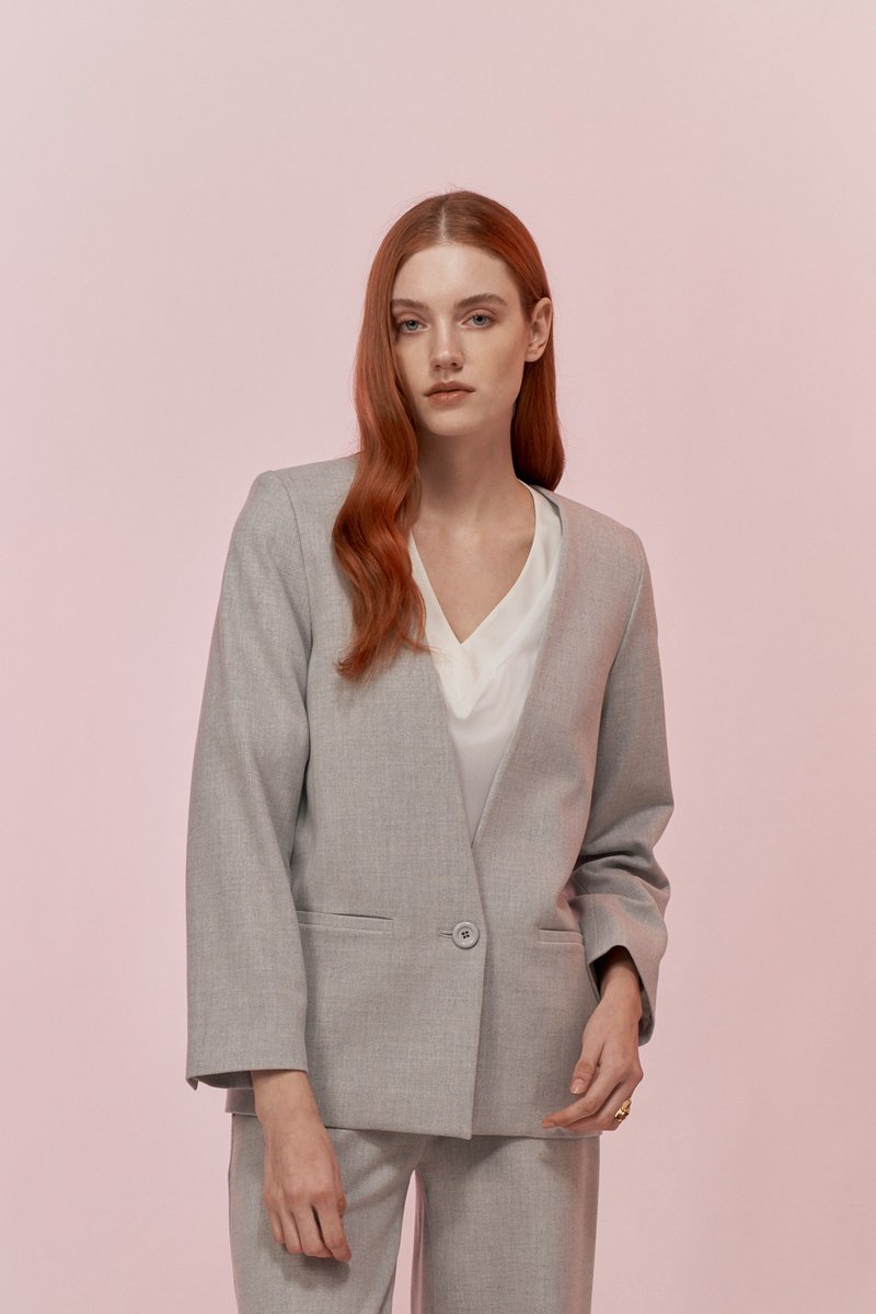 淺灰色 V領西裝外套 - 女西裝外套 - 其他人造纖維 灰色