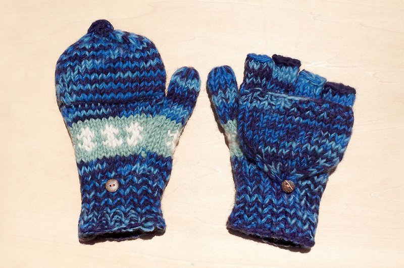 羊毛 手套 藍色 - 聖誕禮物 創意禮物 限量一件手織純羊毛針織手套 / 可拆卸手套 / 保暖手套(made in nepal) - 藍天與海洋段染漸層