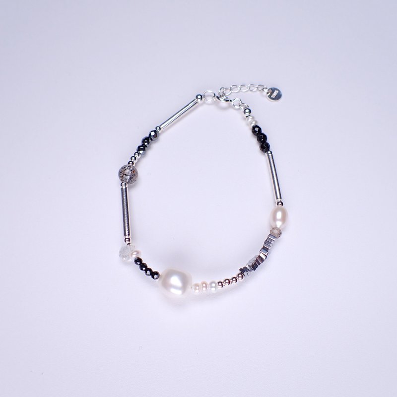 Caiyue_Pearl_Moonstone_Super Seven Crystal_Black Agate_Black Stone Silver Bracelet - Bracelets - Sterling Silver Black