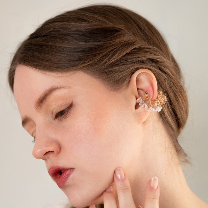 Frill Glow – Wire Crochet Ear Cuff with Glass Beads, Silver, Single Piece - Earrings & Clip-ons - Other Metals Silver